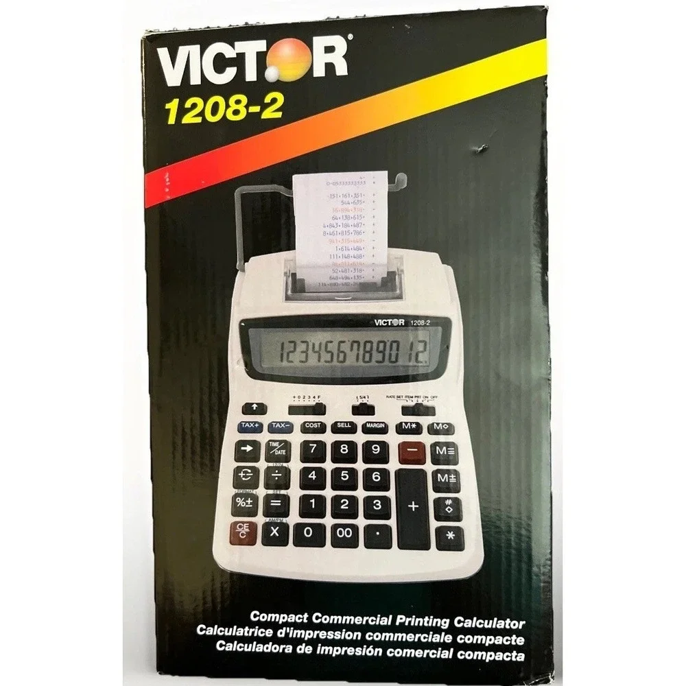 Victor 1208-2 Printing Calculator, 2-Color Black/Red Print, Manual & Adapter NIB